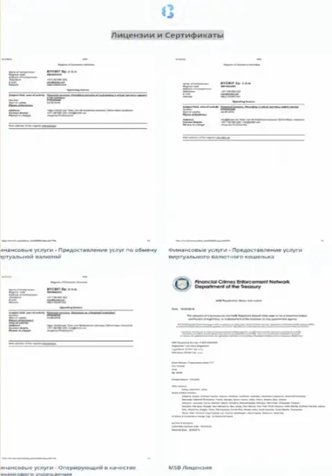 Лицензионные документы и сертификаты онлайн-обменки БТЦБит