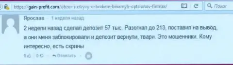 Валютный игрок Ярослав написал критичный достоверный отзыв об брокерской компании Фин Макс после того как лохотронщики залочили счет в размере 213 000 рублей